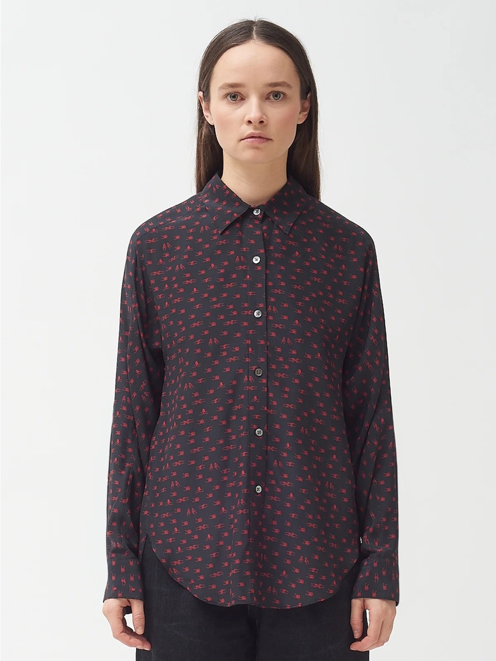 Colovos Black Button-Down Shirt with Red Holding Hands Print 100% Silk